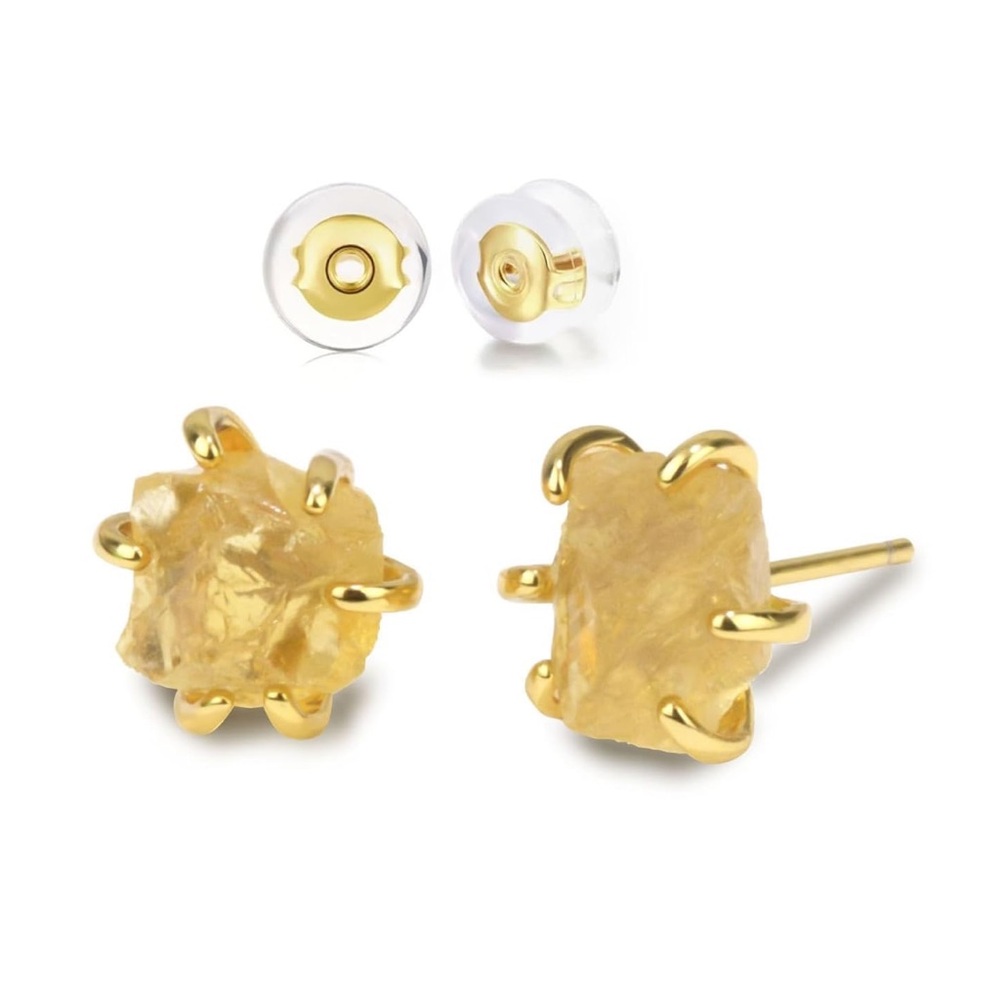 Natural Citrine Raw Gemstone Handmade Prong Setting Stud Earrings in Gold